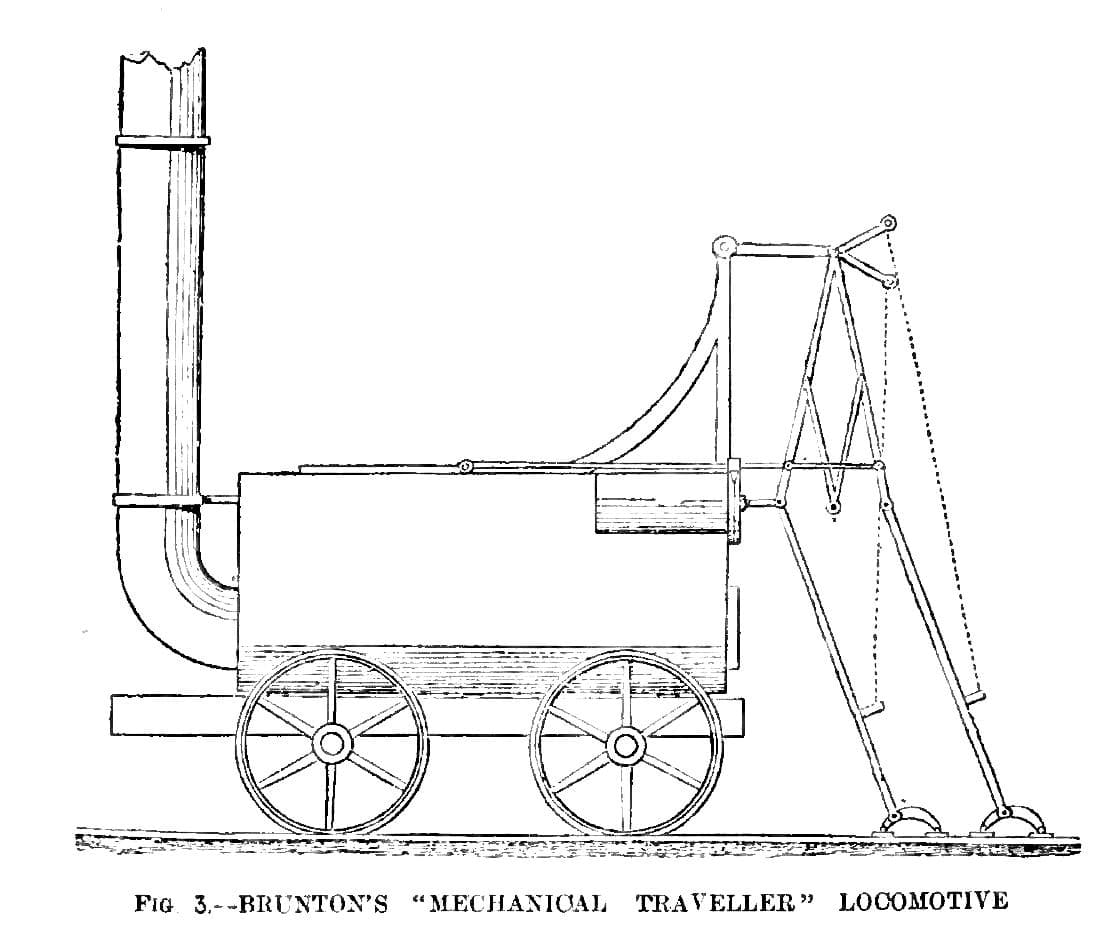 An 1899 drawing of Brunton’s steam locomotive with two mechanical legs pushing against the rails.